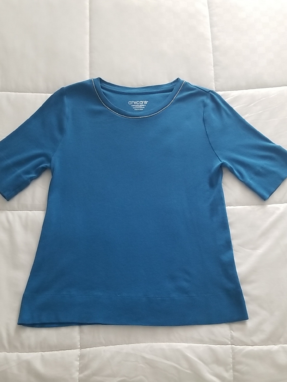 Chico's Teal Short-Sleeve Crewneck Top with Subtle Stitch Detail